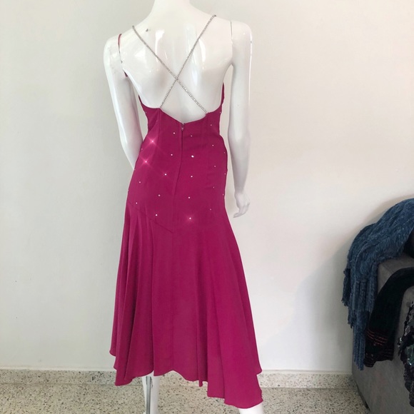 SOLD - VTG 80’s Ruched Crystal Magenta Dress - Picture 4 of 6